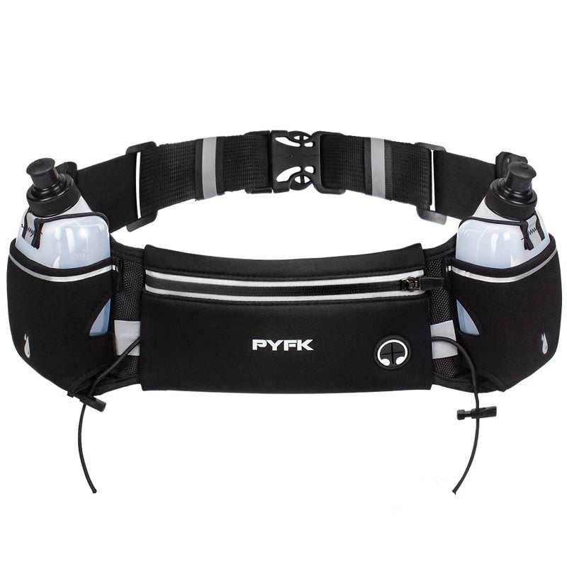PYFK Running Belt with Water Bottles, Hydration Belt for Men and Women, Water Bottle Holder Running Pouch Water Belt, Fanny Pack Fits 7 inches Phones, Waist pack for Runner Jogging (Black Reflective) - Image 1